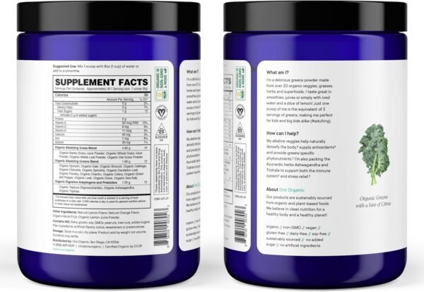 Ora Organic Greens Powder - Vegan, Gluten-Free, Organic Super Greens Drink for Energy and Detox | Antioxidants & Adaptogenic Herbs | 20+ Superfood Greens Blend - Citrus Flavor, 30 Servings - Image 3