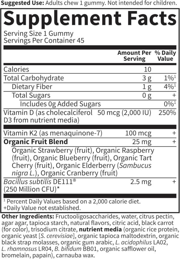 Garden of Life Vitamin D3+K2 Gummies with Prebiotics&Probiotics for Digestion,2000 IU Vitamin D3+100mcg K2 for Bone&Immune Health for Adults,Vitamin Code,Non-GMO,Gluten-Free,45 Raspberry Lemon Gummies - Image 3