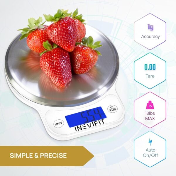 INEVIFIT Digital Kitchen Scale, Highly Accurate Multifunction Food Scale 13 lbs 6kgs Max, Clean Modern White with Premium Stainless Steel Finish. Includes Batteries - Image 3