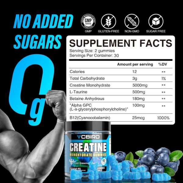 Creatine Monohydrate Gummies 5g Per Serving, No Sugar Creatine Supplements Support for Strength, Performance, Energy, Recovery, Gluten-Free Creatine for Women and Men, Blueberry Flavor (60 Gummies) - Image 4