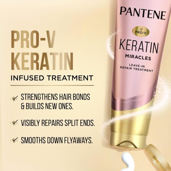 Pantene Keratin Leave-In Conditioner with Argan Oil, Protein Treatment for Dry, Damaged & Color-Treated Hair, Repairs Split Ends & Protects from Damage, Formaldehyde-Free, 8.4 Fl Oz - Image 3