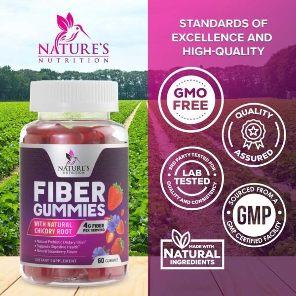 Fiber Supplement Gummies for Digestive Health & Regularity Support, Fiber 4g Gummy for Adults, Daily Prebiotic Supplements, Natural Prebiotic Fiber Gummy, Plant Based, Strawberry Flavored - 60 Gummies - Image 5