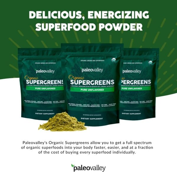 Paleovalley Organic Supergreens Powder - 23 Superfoods with Prebiotic Fiber for Energy and Immunity Support - No Cereal Grasses for Maximum Absorption - Pure Unflavored, 30 Servings - Image 4