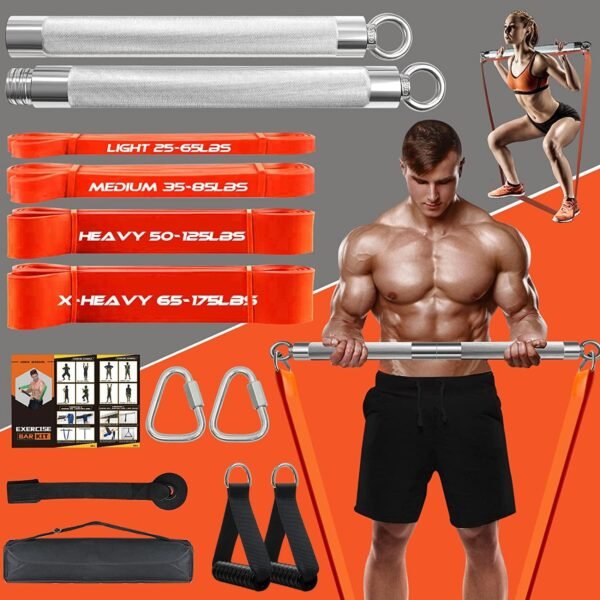 Portable Extra Heavy Home Gym Resistance Band Bar Set with 4 Stackable Resistance Bands,Detachable Full Body Workout Equipment Exercise Bar Kit,500LBS Longer Bar with Bands,Workout Guide Included - Image 2