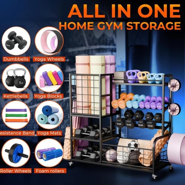 700LBS Dumbbell Rack Weight Stand - Bonvork Adjustable Heavy Duty Weight Rack for Dumbbells, Home Gym Storage Rack for Kettlebell, Balls,Yoga Mat Holder, Workout Equipment Storage Organizer With Wheel - Image 4