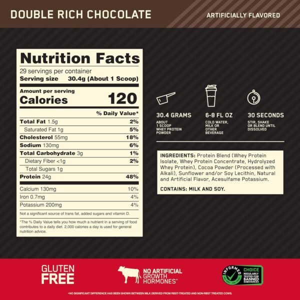 Optimum Nutrition ON Gold Standard 100% Whey Protein Primary Source Isolate - Double Rich Chocolate, 2 Lbs + ON Micronized Creatine Monohydrate Powder - Unflavored, 300 Grams - Image 4
