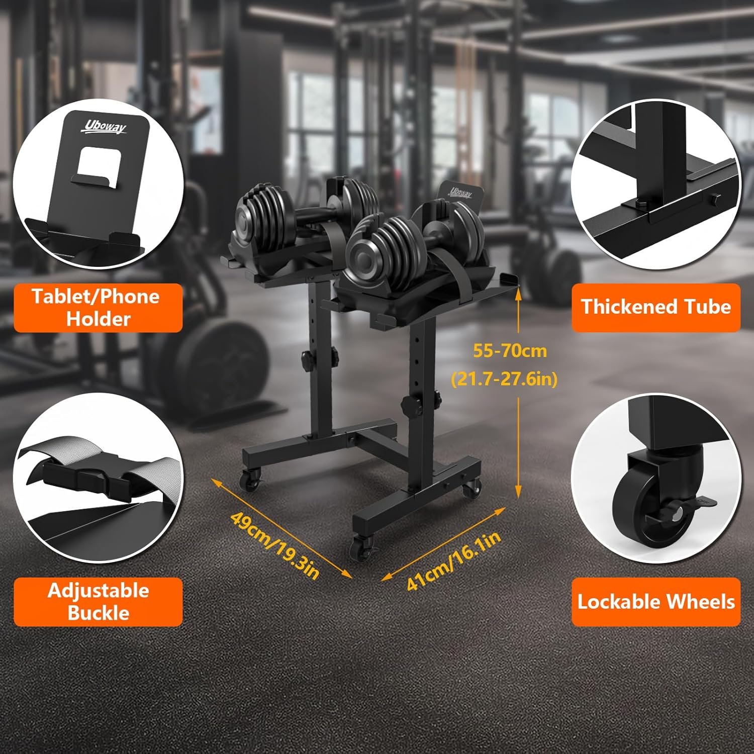 Adjustable Dumbbell Stand - Uboway Weight Stand with 4 Level Height Adjustment, Dumbbell Weight Rack with Tablet Holder and Durable Casters, Weight Holder for Adjustable Dumbbell Set, Home Gym Fitness (Bonus Foot Pads) - Image 5