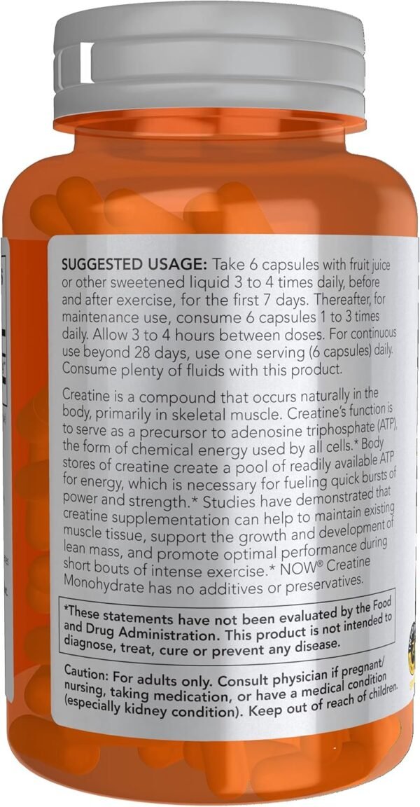 NOW Foods Sports Nutrition, Creatine Monohydrate 750 mg, Mass Building*/Energy Production*, 120 Veg Capsules - Image 4