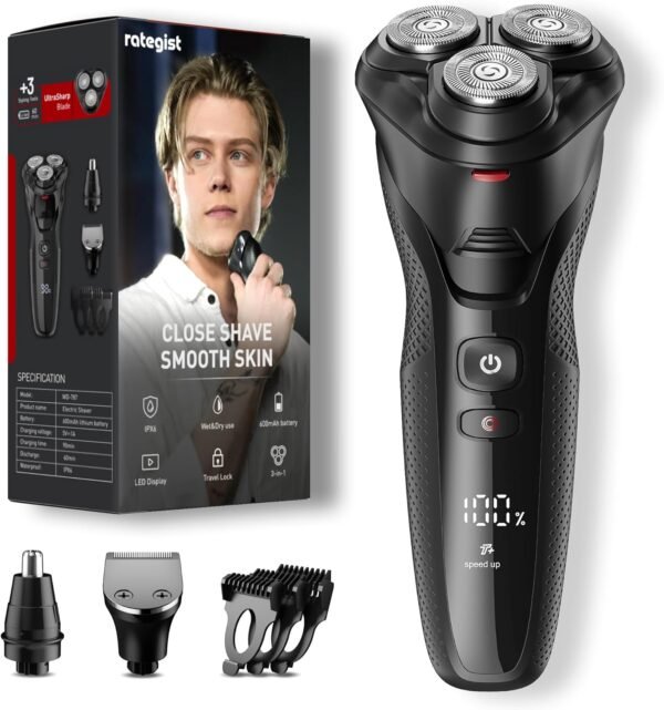 Electric Razor for Men, rategist Rechargeable Electric Shaver, Waterproof Wet Dry Cordless Razor, Adjustable Speeds, with Nose Hair Trimmer, Sideburns Trimmer - Image 2