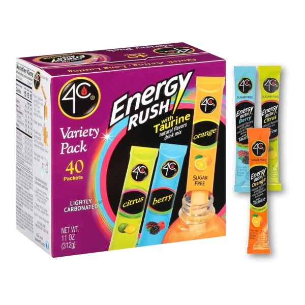 4C Energy Rush Stix, Variety 1 Pack, 40 Count, Single Serve Water Flavoring Packets, Sugar Free with Taurine, On the Go Bundle (20 Berry, 10 Orange, 10 Citrus) - Image 2