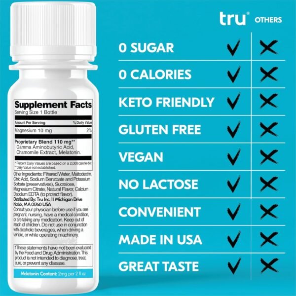 Tru Dream Shot, Cherry Berry Flavored Deep Sleep Aid Shots - Zero Sugar Calm Sleep Drink plus Melatonin, GABA, Chamomile - Caffeine Free, GF, Keto, Natural Flavors, Vegan Supplement, 2oz (Pack of 24) - Image 3
