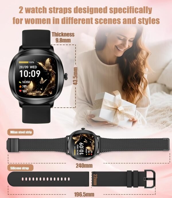 Women's Smart Bracelet/Smart Watch, 1.72-inch Display, IP68 Waterproof Sport Bracelet, One-Touch Bluetooth Calling, Fitness Tracker with Health Monitor (Black) - Image 8