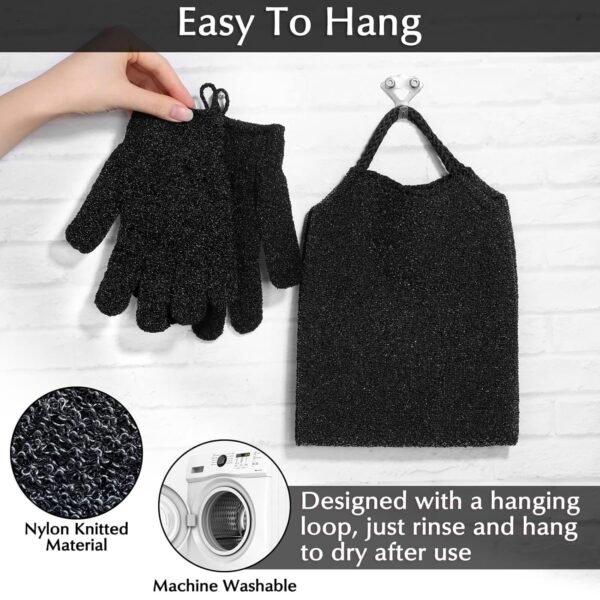 Anezus Exfoliating Back Scrubber Bath Gloves Set, Exfoliating Shower Towel with Shower Gloves for Body Scrub, Back Cleaner Wash Gloves to Remove Dead Skin (Black) - Image 6