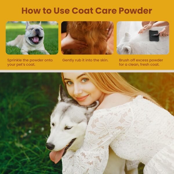 Dog Coat Care Powder | Made in USA | Waterless Dry Shampoo & Deodorizer for Smelly Dogs, Anti-Itch Relief for Dry Itchy Skin, No Rinse Formula with Lavender Oil & Bentonite Clay - Image 7