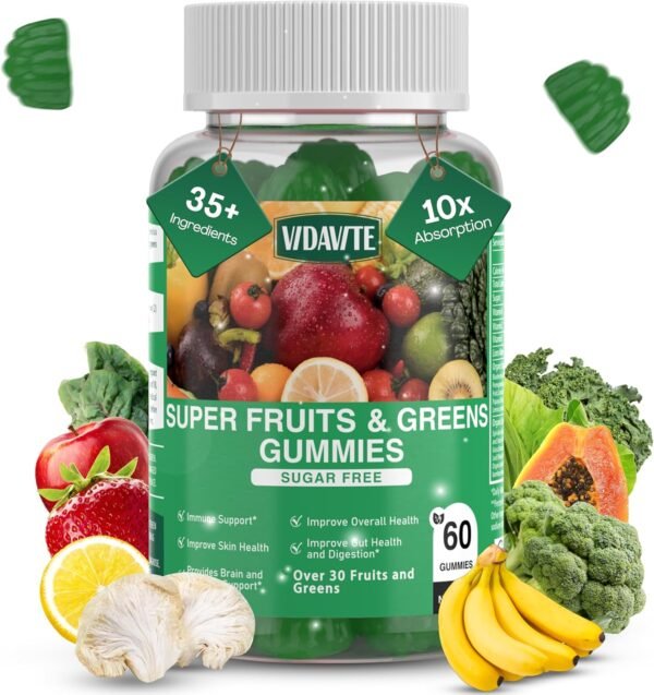 Sugar-Free Fruit and Veggie Gummies — 35+ Greens, Fruit and Vegetable Vitamins to Boost Immunity, Skin & Gut Health — Ideal Fruit and Vegetable Supplement for Adults & Kids (60 Gummies) - Image 2