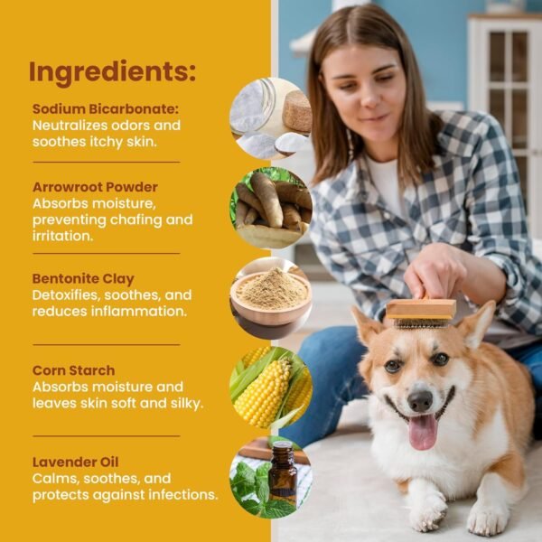 Dog Coat Care Powder | Made in USA | Waterless Dry Shampoo & Deodorizer for Smelly Dogs, Anti-Itch Relief for Dry Itchy Skin, No Rinse Formula with Lavender Oil & Bentonite Clay - Image 4