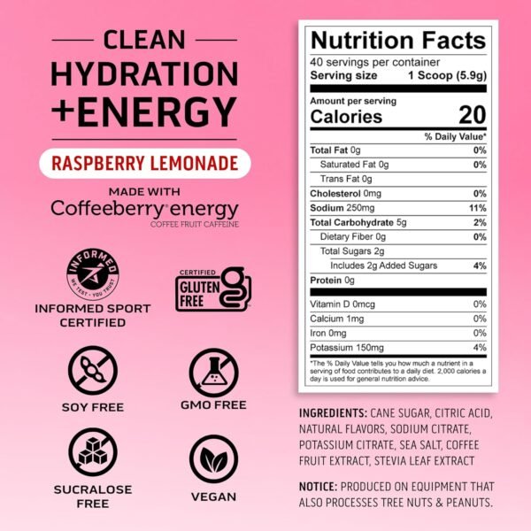 Ascent Clean Hydration + Energy Electrolytes Powder - 100mg Caffeine, 400mg Electrolytes, No Artificial Ingredients, Raspberry Lemonade 40 Servings - Image 4