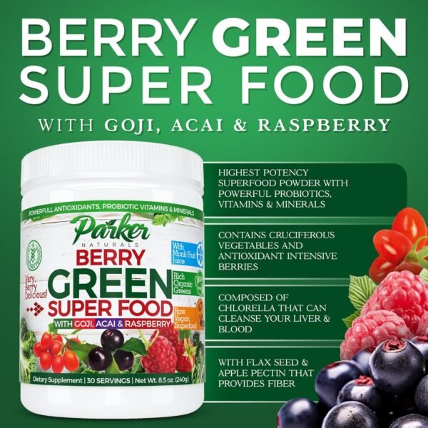 Berry Greens Superfood Powder, Organic Green Powder with Enzymes, Probiotics, Antioxidants, and Vitamins, Vegan Green Juice Mix, 240 Grams - Image 3