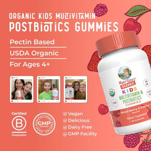 MaryRuth Organics Kids Vitamins | USDA Organic | Multivitamin Gummies + Postbiotics for Ages 4+ | Lactobacillus Rhamnosus | Vegan | Non-GMO | 60 Count - Image 9