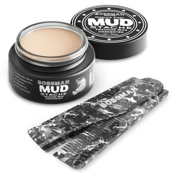 Bossman MUDstache Unscented Mustache Wax for Men & Acetate Folding Comb - Styling and Grooming Combo - Image 2