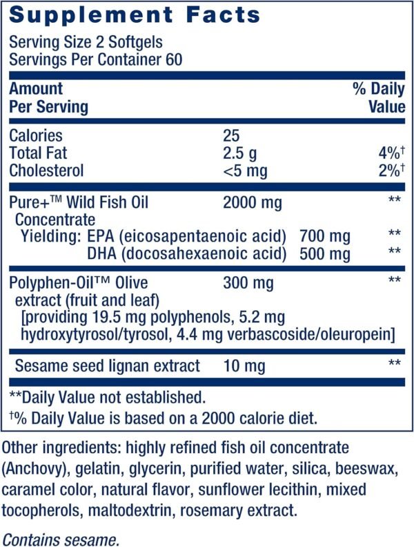Super Omega-3 EPA/DHA Fish Oil, Sesame Lignans & Olive Extract - For Heart & Brain Health – For Inflammation & Cholesterol Management – Gluten-Free, Non-GMO – Lemon Flavor 120 Softgels - Image 4