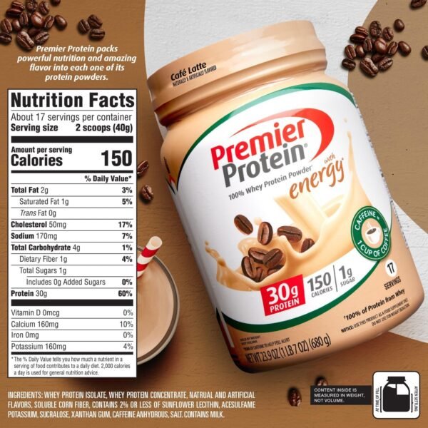 Premier Protein Powder, Cafe Latte, 30g Protein, 1g Sugar, 100% Whey Protein, Keto Friendly, No Soy Ingredients, Gluten Free, 17 Servings, 23.9 Ounce (Pack of 1) - Image 6