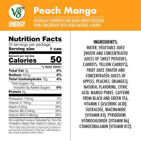 V8 +Energy Peach Mango Juice Energy Drink, 8 fl oz Can (12 Pack) - Image 5