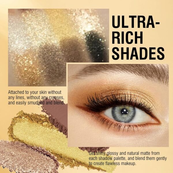 KYDA 12 Colors Golden Eyeshadow Palette, Ultra-rich Glitter Gold Eyeshadow, Matte Neutral Nude Smokey Eyeshadow Palette, Smooth Blendable Pigment, Good as Golden Eyeshadow Palette - Image 6