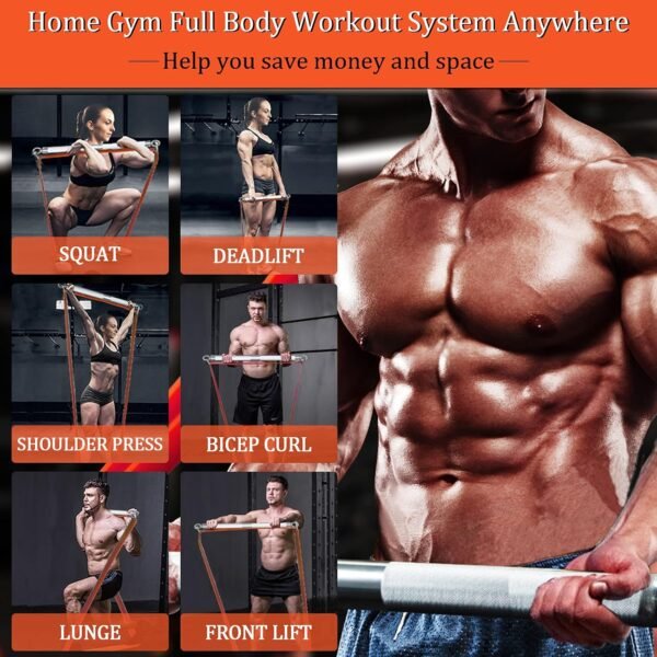 Portable Extra Heavy Home Gym Resistance Band Bar Set with 4 Stackable Resistance Bands,Detachable Full Body Workout Equipment Exercise Bar Kit,500LBS Longer Bar with Bands,Workout Guide Included - Image 3