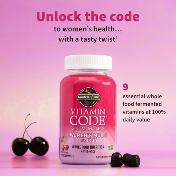 Women’s Multivitamin Gummy with Iron: Folate, Biotin, D3 & B12 for Hair, Skin & Nails + Probiotics for Immune Health & Digestion, Vitamin Code, Non-GMO, Gluten-Free, 90 Cherry Gummies, 30 Day Supply - Image 4