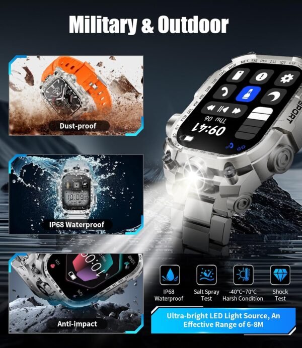 LIGE Military Smart Watch for Men, 2.01" LED Flashlight Rugged Smartwatch, 100+ Sports Fitness Tracker Watch, 700mAh Long Battery/Sleep/IP68 Waterproof Smart Watch for Android iPhone Compatible - Image 7