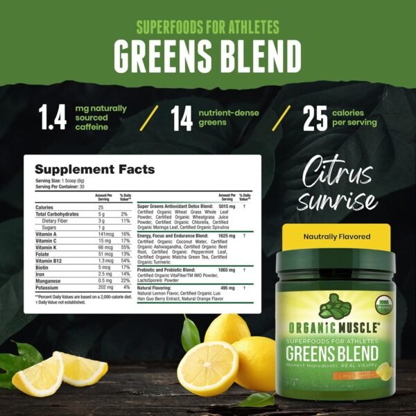 Organic Muscle Super Greens Powder Organic Superfood Powder with Probiotics, Spirulina, Chlorella, and Matcha| Non-GMO, 30 Servings - Image 5