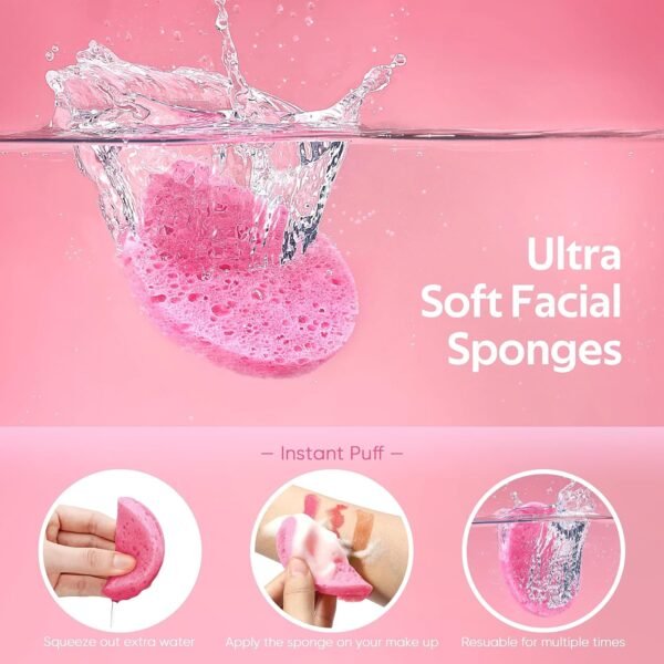 50-Count Compressed Facial Sponges for Daily Facial Cleansing and Exfoliating, 100％ Natural Cosmetic Spa Sponges for Makeup Remover, Reusable, Pink - Image 3