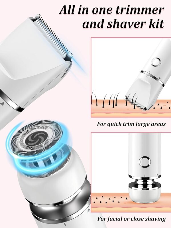 Bikini Trimmer and Shaver Kit for Women - 2-in-1 Wet/Dry Electric Body Hair Trimmer Facial Hair Removal Cordless Waterproof Bikini Shaver Razor for Face Lip Chin Pubic Underarm Legs (White) - Image 4