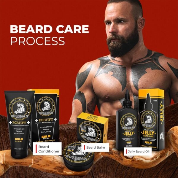Bossman Essentials Beard Kit for Men - Beard Oil Jelly, Fortifying Conditioner Cream, Beard Balm - Grooming Growth Care Accessories (Gold) - Image 3