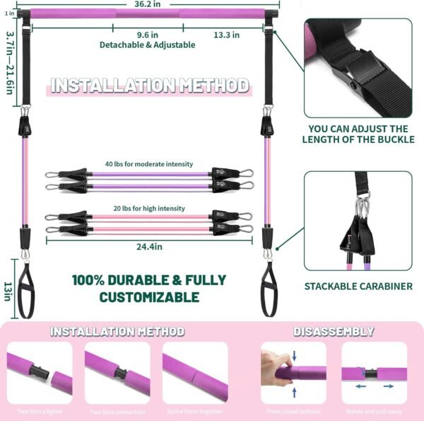 Pilates Bar Kit with Resistance Bands, Multifunctional Stretched Fusion Pilates Bar Kit for Women, Men, Pilates Sculpt Bar with Adjustable Buckle for Full Body Workouts, Squat Equipment - Image 8