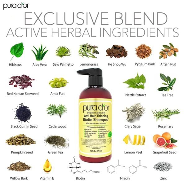 PURA D'OR 16 Oz Original Gold Label Anti-Thinning Biotin Shampoo Natural Earthy Scent, CLINICALLY TESTED Effective Results, Herbal DHT Blocker Hair Thickening Products, Women & Men, Color Treated Hair - Image 5