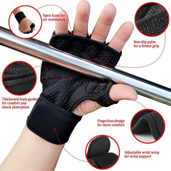 Workout Gloves for Men and Women, Weight Lifting Gloves with Wrist Wrap Support Adjustable Fingerless Gym Gloves for Training Cycling Exercise Pull ups Hand Support - Image 4