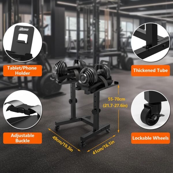 Uboway Adjustable Dumbbell Stand- Dumbbell Rack with 4 Level Height Adjustment, Weight Stand for Dumbbells with Tablet Holder and Wheels, Hand Weight Rack for Adjustable Dumbbell Set, Home Gym Fitness（Bonus Foot Pads） - Image 4