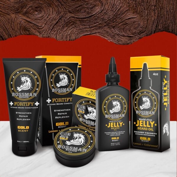 Bossman Essentials Beard Kit for Men - Beard Oil Jelly, Fortifying Conditioner Cream, Beard Balm - Grooming Growth Care Accessories (Gold) - Image 6