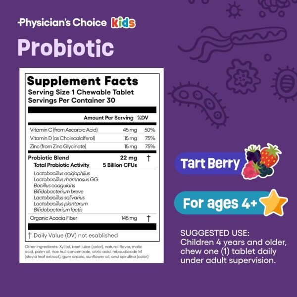Physician's CHOICE Probiotics for Kids - 7 Diverse Strains, Organic Prebiotics, Vitamins & Minerals - Clinically Studied L. Rhamnosus GG - Immune & Digestive Support - No Sugar or Artificial Dyes - Image 7