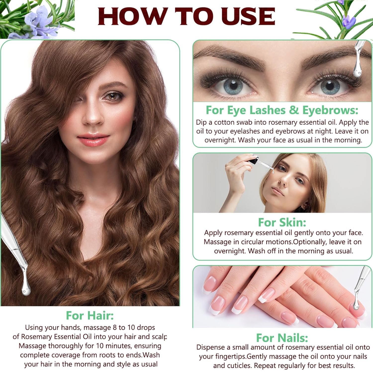 Rosemary Oil for Hair Growth, Pure Rosemary Essential Oil Glass Bottle 100% Natural Cold Pressed for Face, Body, Hair, Eyelashes, Skin - Image 6