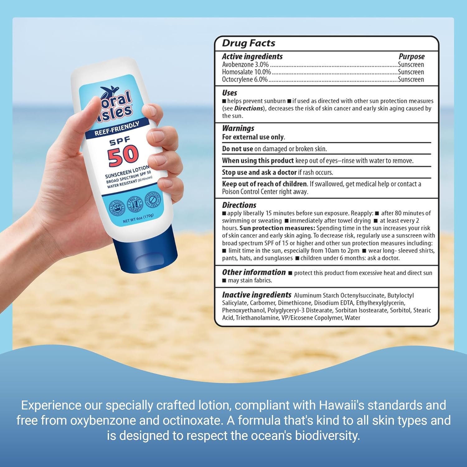 Sunscreen SPF 50 | Hawaii Compliant as Reef Safe | Octinoxate & Oxybenzone Free | Broad Spectrum UVA/UVB Protection | Water Resistant 80 Min. | Fragrance Free | 6 Fl Oz Lotion - Image 7