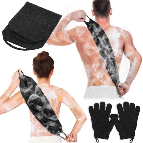 Anezus Exfoliating Back Scrubber Bath Gloves Set, Exfoliating Shower Towel with Shower Gloves for Body Scrub, Back Cleaner Wash Gloves to Remove Dead Skin (Black) - Image 2