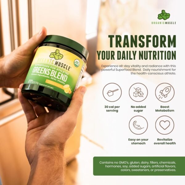 Organic Muscle Super Greens Powder Organic Superfood Powder with Probiotics, Spirulina, Chlorella, and Matcha| Non-GMO, 30 Servings - Image 3