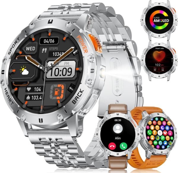 Smart Watches for Men(3 Straps),1,43'' AMOLED Military Smart Watch for Men with LED Flashlight/530mAh Large Battery/5ATM Waterproof,Fitness Tracker Smartwatch with Answer/Make Call Silver - Image 2