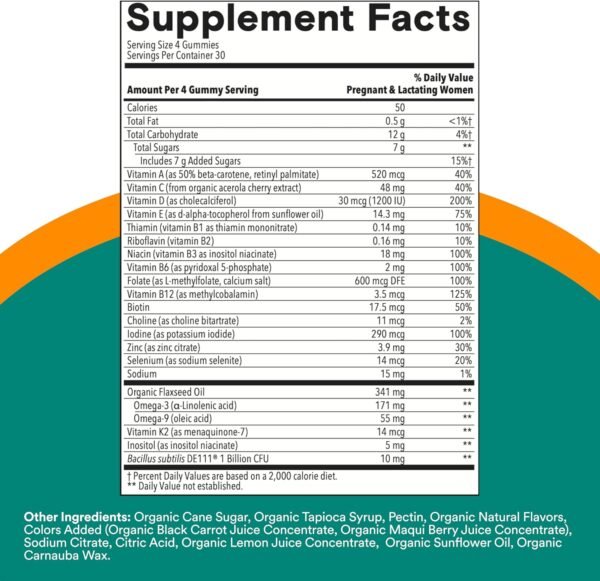 SmartyPants Organic Prenatal Vitamins for Women, Multivitamin Gummies: Probiotics, Biotin, Methylfolate, Omega 3 (ALA), Vitamin D3, C, Vitamin B12, B6, A, K2 & Zinc, Choline, 120 Count (30 Day Supply) - Image 4