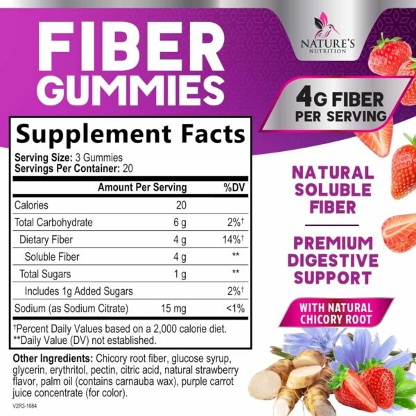 Fiber Supplement Gummies for Digestive Health & Regularity Support, Fiber 4g Gummy for Adults, Daily Prebiotic Supplements, Natural Prebiotic Fiber Gummy, Plant Based, Strawberry Flavored - 60 Gummies - Image 3