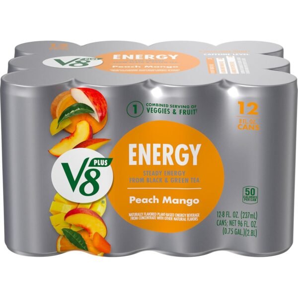 V8 +Energy Peach Mango Juice Energy Drink, 8 fl oz Can (12 Pack) - Image 2