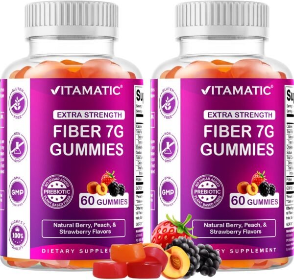 Vitamatic 2 Pack Prebiotic Fiber Gummies for Adults - 7G Fiber Extra Strength - Zero Sugar Added - 60 Pectin Based Gummies - Digestive Health & Regularity Support, (Total 120 Count) - Image 2